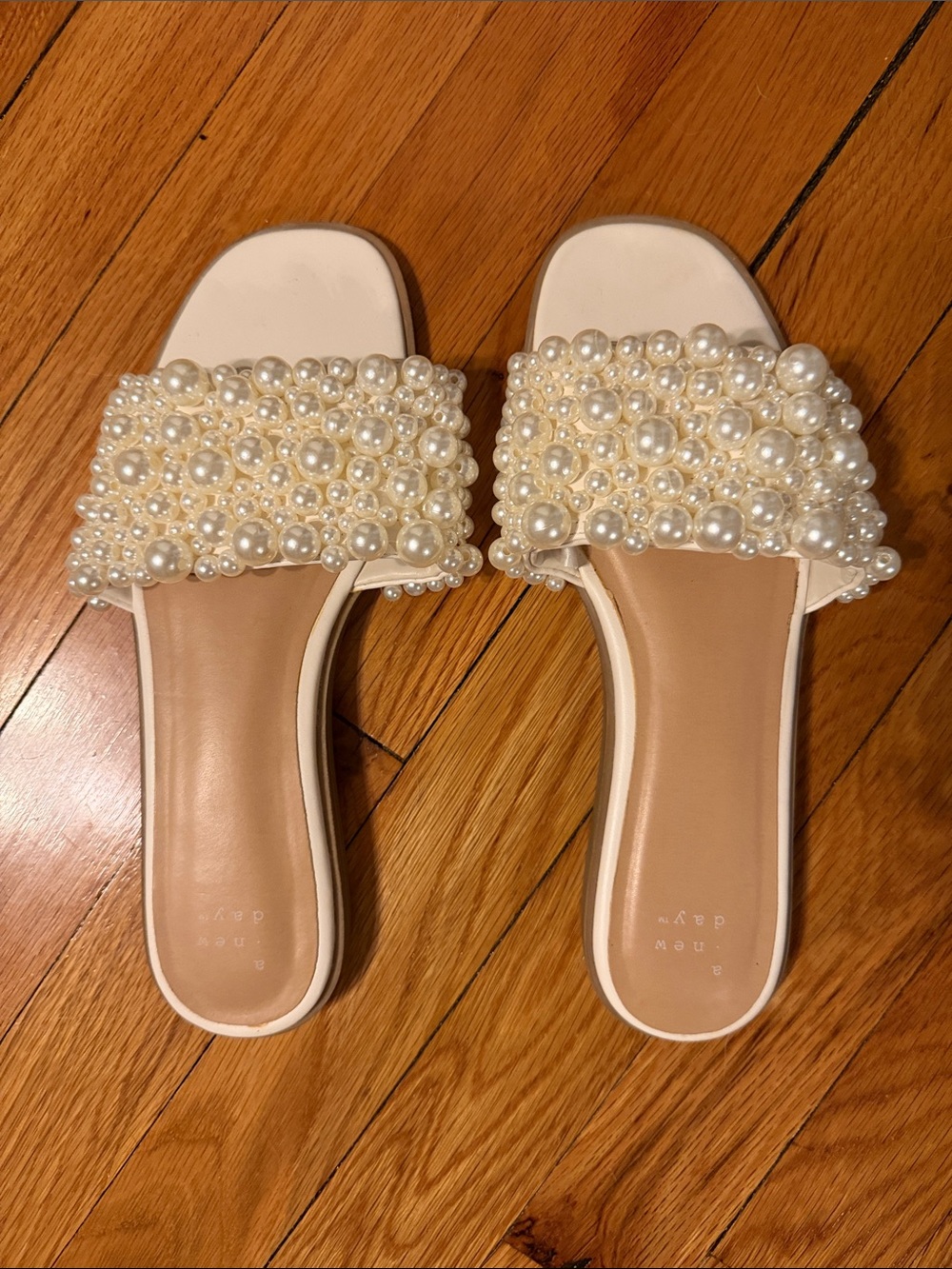 a new day Pearl-Embellished Cream Slide Sandals - Women's
